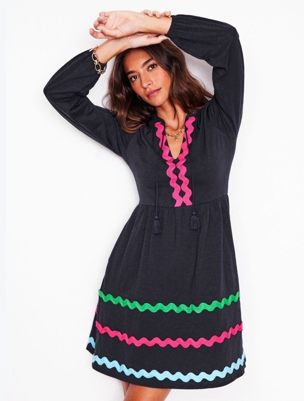 Boden Corinna Ric Rac Jersey Dress Navy Cotton Size 16/18 XL Colorful Trim